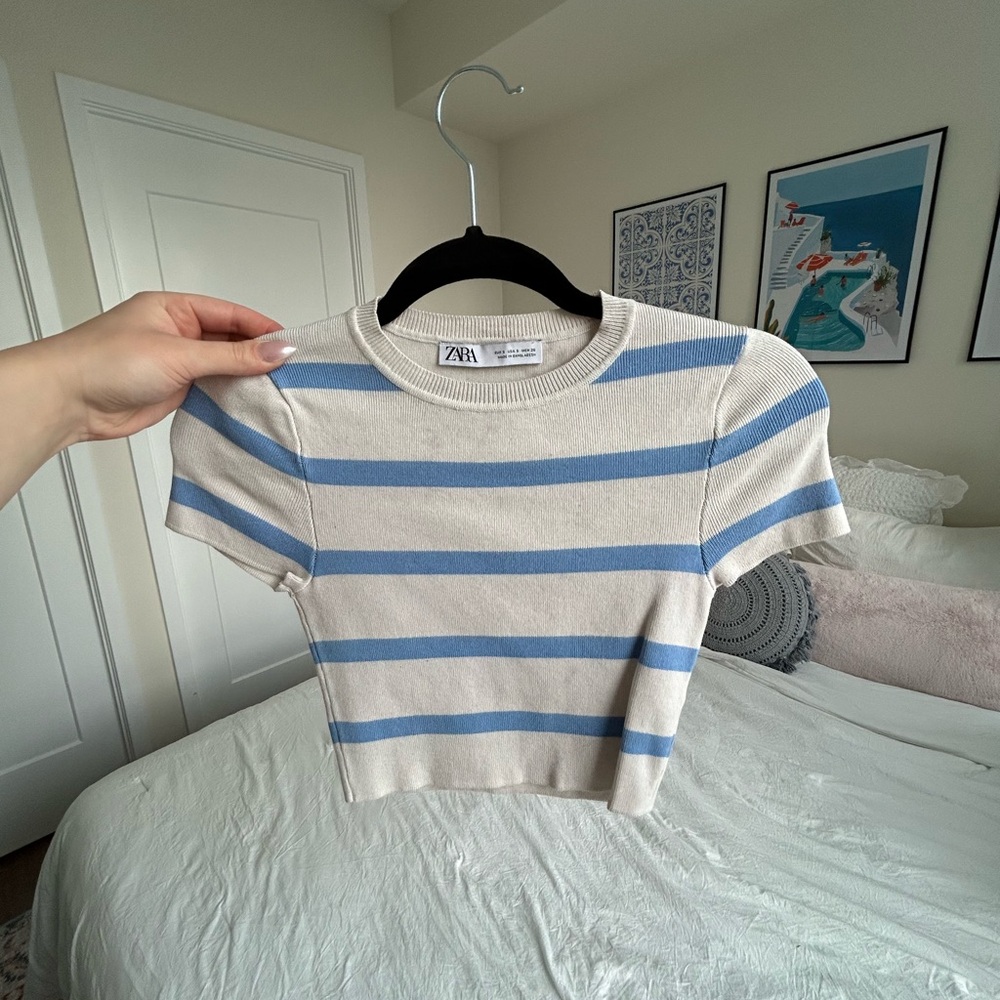 Zara Blue and White Striped Crop Top